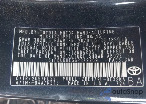 2016 Toyota Corolla S Plus из США, поврежденный, VIN 5YFBURHE5GP379269